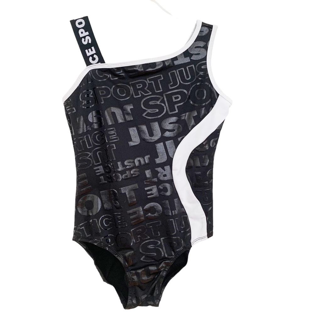 Justice Sport Girls Black White Tonal Text One Shoulder Gym Dance Leotard